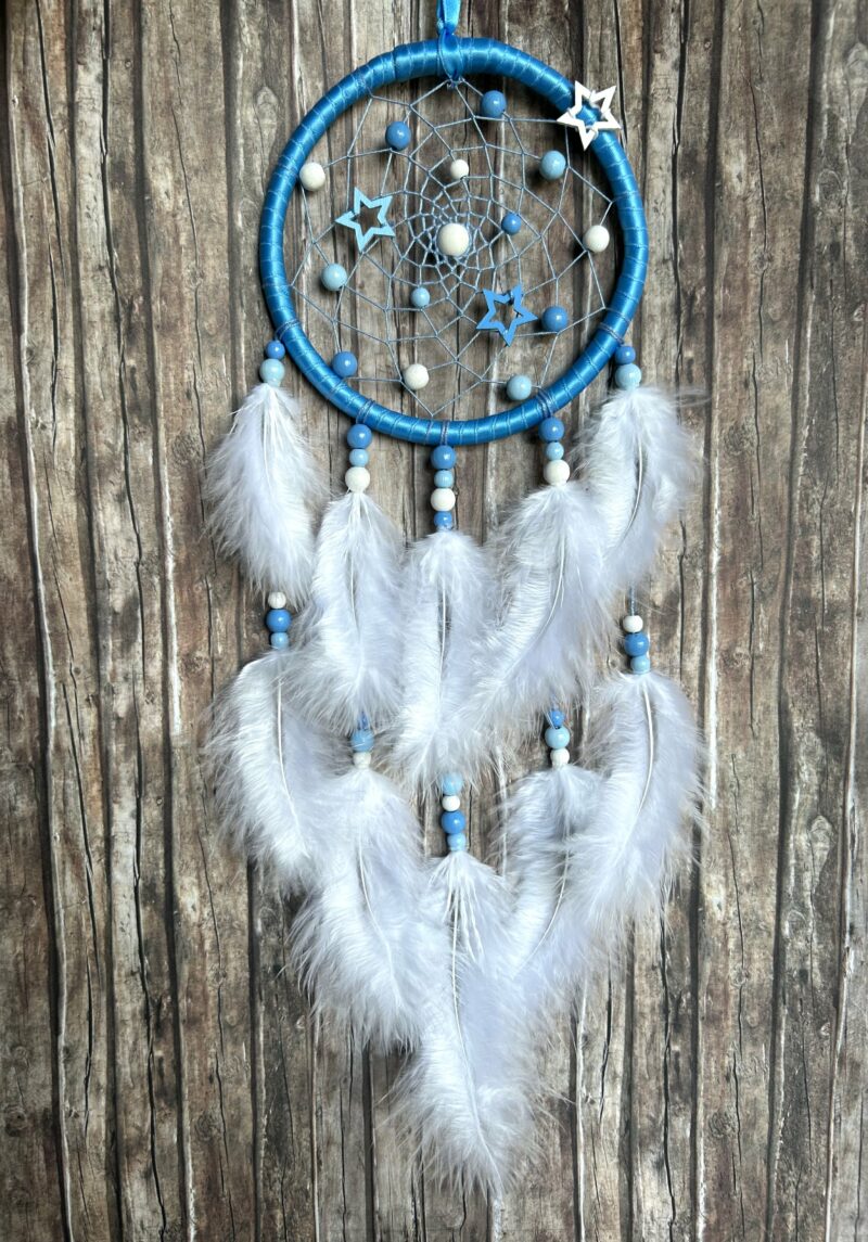 Traumfänger klein 12cm Federpracht - himmelblau/hellblau/weiss mit Sternen