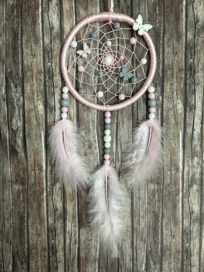 Traumfänger klein 12cm - rosa/grau/weiss mit Schmetterlingen